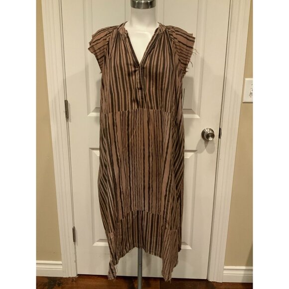 V DE VINSTER Brown Striped Shiva Shift Dress W/ Raw Hems, Size Medium - Picture 1 of 8